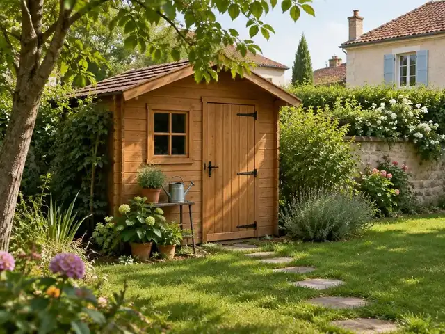 Abri de jardin en bois dans un jardin fleuri