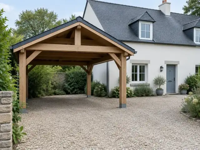 Carport en bois devant une maison au toit d'ardoise