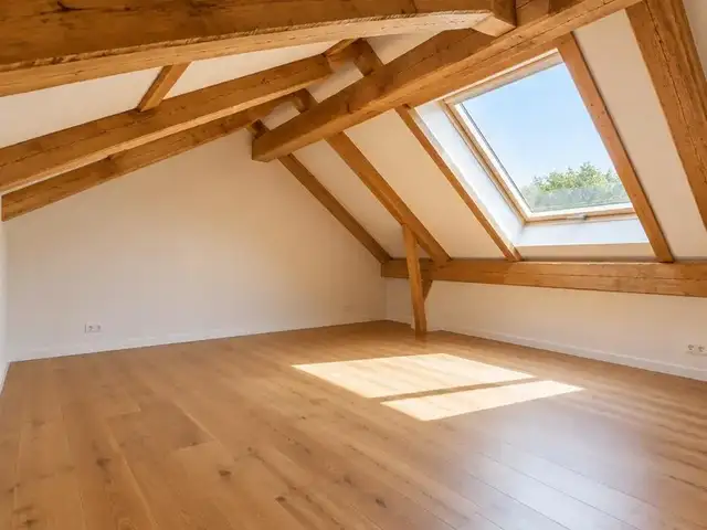 Combles aménagés sous des poutres apparentes, avec fenêtre de toit