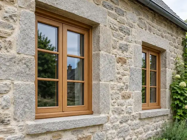 Fenêtres en bois sur une façade en pierre