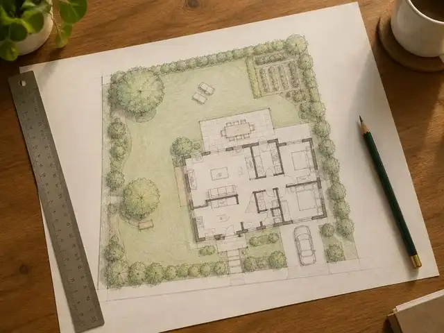 Plan de masse dessiné à la main sur un bureau