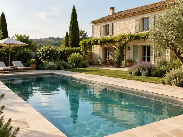 Piscine creusée dans le jardin d'une maison en pierre