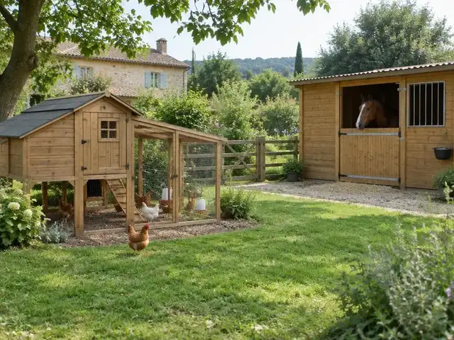 Poulailler et box à chevaux en bois dans un jardin