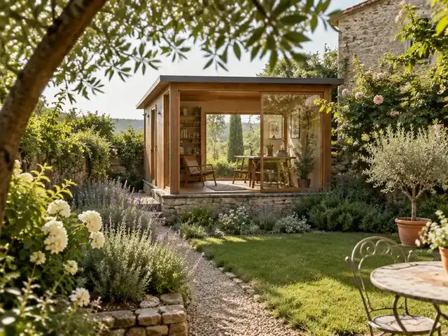 Studio de jardin en bois au fond d'un jardin