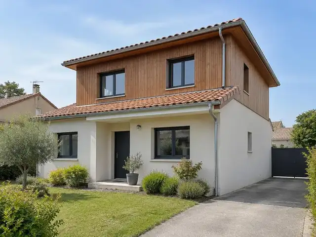 Maison surélevée d'un étage habillé de bois