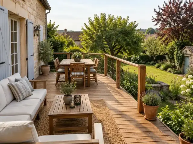 Terrasse en bois surélevée donnant sur un jardin